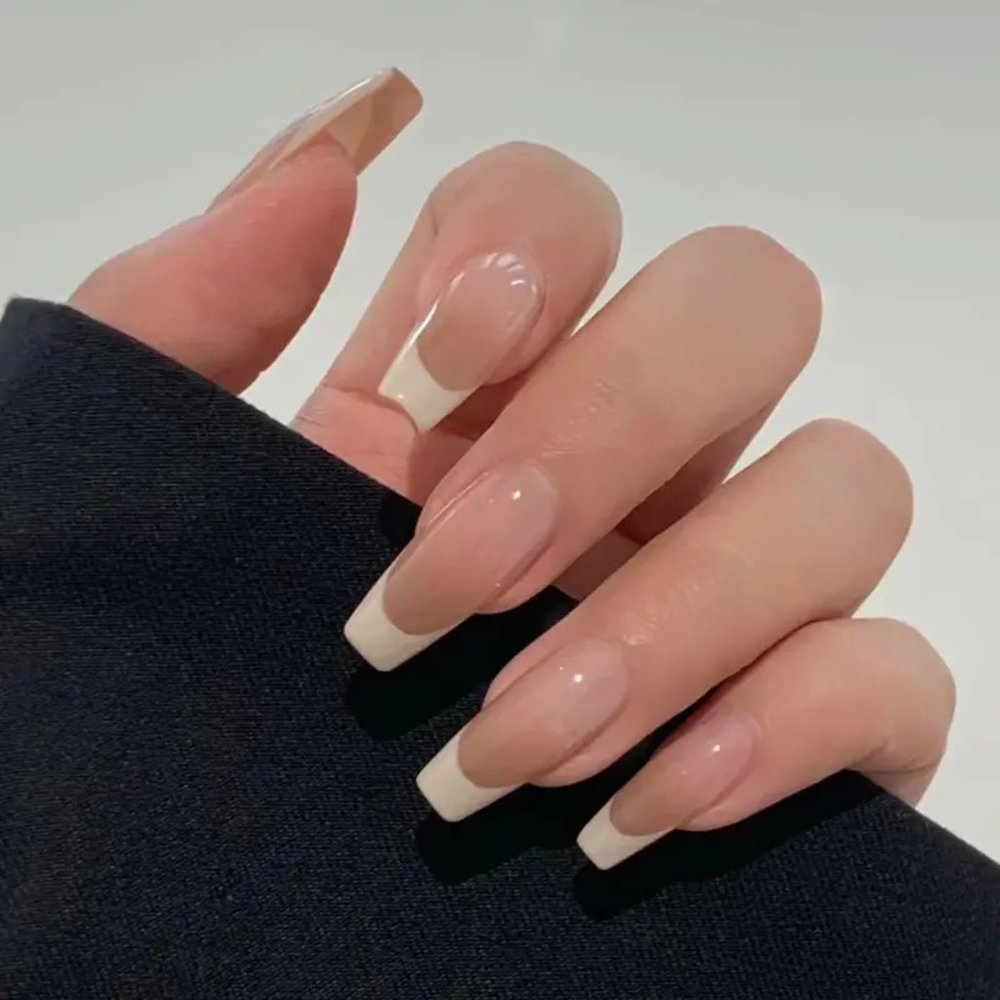 24pcs Glossy Medium Square Fake Nails, Pink White Gradient Press on Nails